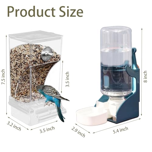 Automatic No Mess Bird Feeder Water Dispenser Set | Acrylic Transparent Parakeet Cage Accessories Bird Feeder and Waterer in Cage for Small and Medium Cockatiel Finche Lovebird - color: Transparent + Blue