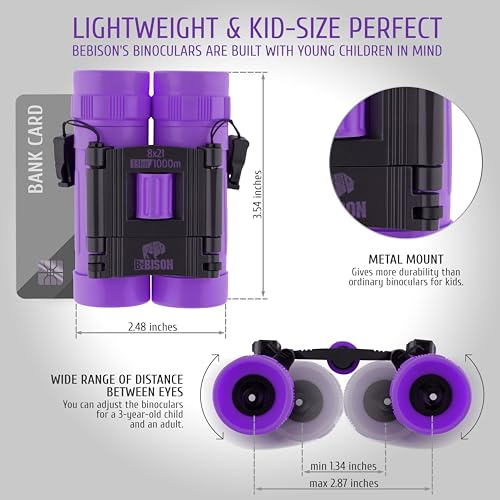 BeBison Binoculars for Kids and Adults - 8x21 High Resolution Real Optics - Compact Folding Shockproof Kids Binoculars for Bird Watching - Spy Games - Outdoor Play for Boys and Girls - color: Purple