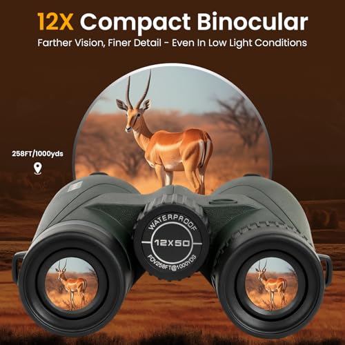 BIBIRE 12x50 Binoculars for Adults, HD Roof Prism Compact Binoculars Large Eyepiece Waterproof Binocular for Cruise Bird Watching Hunting