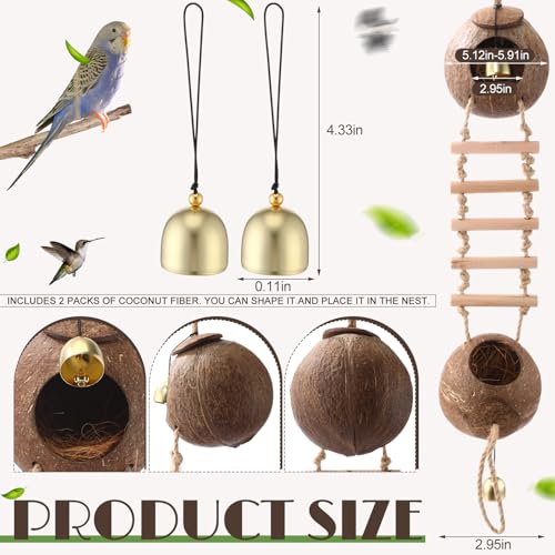Briwooody Coconut Shell Bird Nest House Breeding Bed Nestingand Anti-pecking Bite with Natural Coir Fiber Bird Nest Toy Bell for Parrot Budgie Parakeet Cockatiel Conure Lovebird Canary Finch (Stylish) - style: Stylish