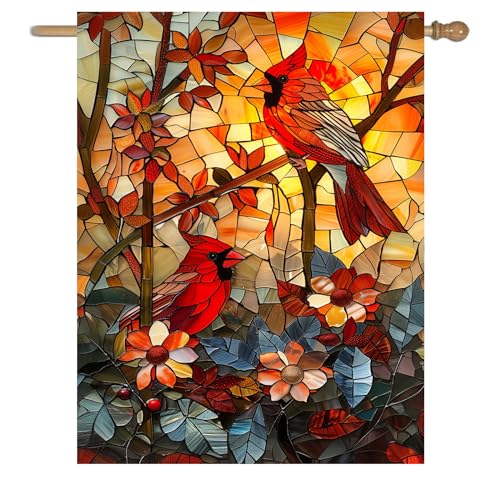 Stained Glass Cardinal Red Birds Garden Flag Spring Summer Yard Flag Fall Floral Decorative Yard Flags for Outside 28x40 Double Sided Large Seasonal Lawn Flags Rustic Outdoor Decor - color: glassbirds
