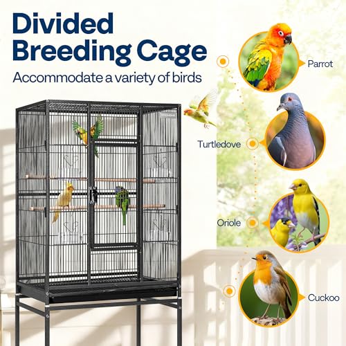 VIVOHOME 54 Inch Wrought Iron Large Bird Cage with Rolling Stand | Bird Flight Cage with Stand, Casters, Slide-out Tray for Parakeets Canaries Parrot Cockatiels Lovebirds Conures, Black - color: Black