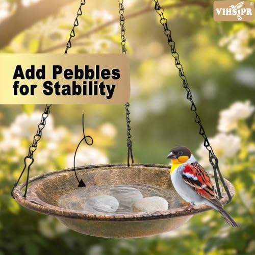Hanging Bird Bath & Feeder Bowl, 12 in, Antique Bronze Look | Weather-Resistant PP, Backyard Garden Decor - color: Bronze