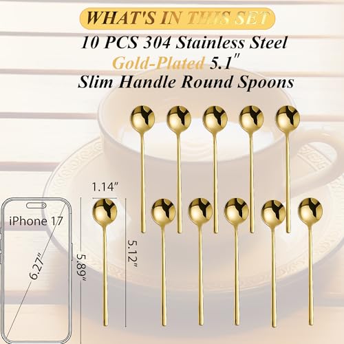 Long-handled Mirror-Finish Small Round Stainless Steel Spoon, Suitable for Scooping Bird's Nest, Honey, Coffee, Milk Powder, Sugar, Cocoa Powder and Other Foods & Desserts (10pcs 5.1", Gold-Plated) - size: 5.1in, style: 10Pcs Gold-Plated