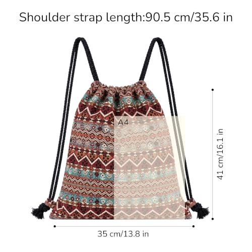 Van Caro Bohemian Drawstring Backpack Light Cinch Bag Gym Sack String Bag - color: D-black