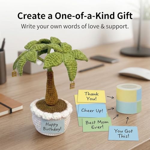 Emotional Support Crochet Money Tree with Sticky Notes Roll, Handmade Positive Desk Decor Plant with “Good Luck” Charms, 7 Inch Mini Office Home Ornament, Encouragement Gift for Coworkers, Friends