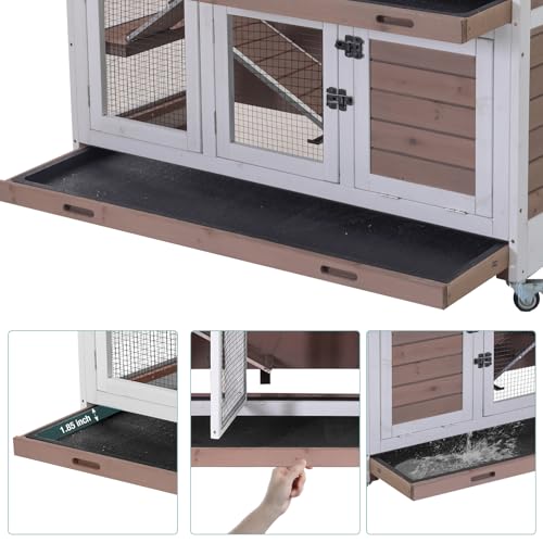 Rabbit Hutch Indoor Bunny House Guinea Pig Cage with Sliding Plastic Trays, Wheels & Ramp, 47.2" Multi-Door Wooden Small Animal Cage for Rabbits, Bunnies, and Guinea Pigs (Brown) - color: Brown