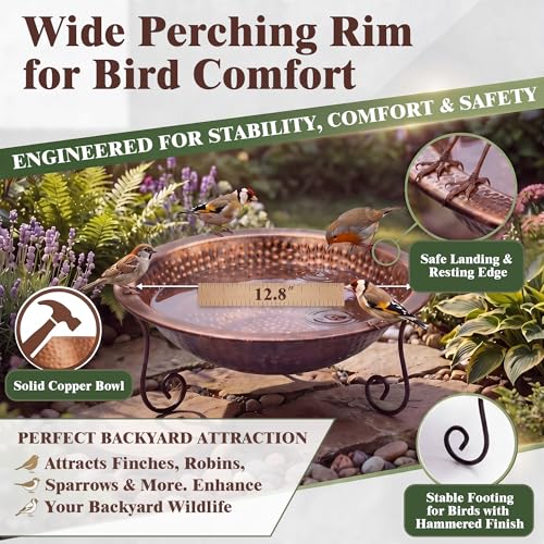 12.8" Hammered Copper Bird Bath Bowl with Stand, Large Birdbath Bowl Replacement, Decorative Birdbath Water Bowls for Garden Patio Deck, Wide Perching Rim Outdoor Ground Bird Bath Dish