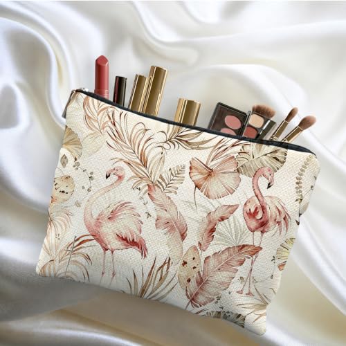 Boho Tropical Flamingo Beach Canvas Makeup Bag Gifts for Women | Flamingo Lover Gifts, Neutral Bird Palm Leaves Canvas Cosmetic Bag Beach Bags Travel Toiletry Zipper Pouch Storage Organizer - color: Flamingo