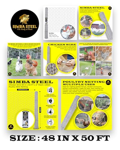 Chicken Wire 48 in x 50 FT x 2” Mesh x 20GA | Poultry Wire Netting | Hot Dipped Galvanised | Hexagonal Galvanized Mesh for Chicken Coop, Rabbit Cage, Fence Barrier - style: 48 in x 50 FT x 2 in