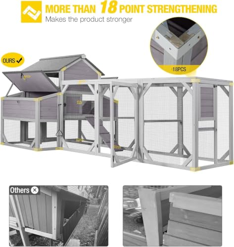 Extra Large Chicken Coop for 8-10 Chickens,Hen House with 6 Nesting Boxes | Reinforced L-bracket structure+galvanized wire mesh for predator protection.asphalt roof,multiple doors for easy cleaning - color: Grey, size: 118.1"L x 53.5"W x 49.5"H