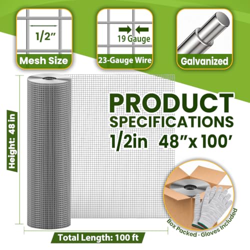 1/2 inch 48inch x 100.9ft Hardware Cloth Chicken Wire Fencing 19G, Hot Dipped Galvanized After Welding, Wire Mesh Roll, Garden Fence, Poultry and Rabbit Barrier, Outdoor Metal Fencing - size: 1/2inch 48"x100'