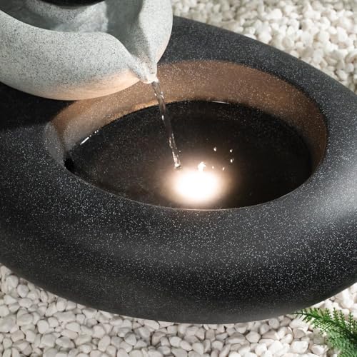 13.39" H Outdoor Water Fountain Made with Eco-Friendly Recyclable Materials, Polyethylene Rock Waterfall Outdoor Fountain, Garden Decor with LED Light & Pump for Patio, Backyard (13.39") - size: 13.39"