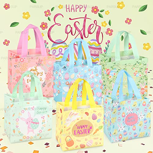 12PCS Happy Easter Egg Hunt Bags Easter Bunny Carrot Chick Egg Gift Bags with Handles, Easter Treat Bags, Easter Party Supplies , 8.3×7.9×5.9inch - color: Foil Blue Yellow Pink