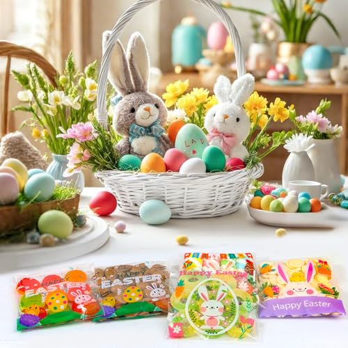 100PCS Easter Self Sealing Cookie Bags - 4x4 Inch Clear Cellophane Treat Bags with Happy Easter Bunny Designs for Candy Goodie Gifts Packaging, Ideal for Classroom Exchange, Party Favors - color: Easter - 100PCS