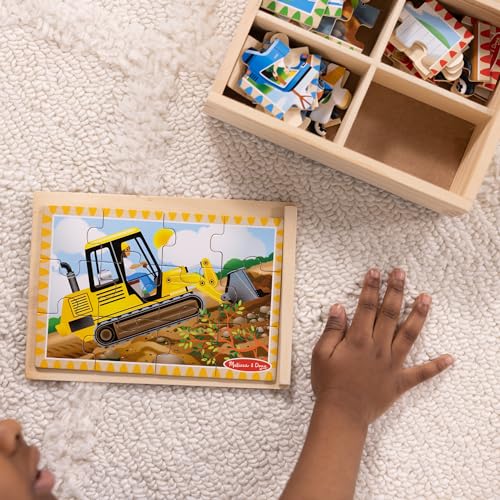 Melissa & Doug 4‑in‑1 Wooden Construction Vehicles Jigsaw Puzzle Set, 48 Pieces with Storage Box, Toddler Puzzle Toy for Kids Ages 3+ - FSC Certified - style: Construction
