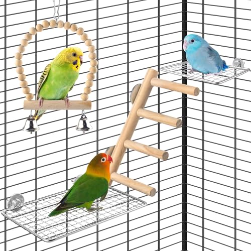 DBNESS 4Pcs Bird Perches Toys, Stainless Steel Perch Platform (2 Sizes), Natural Wood Parrot Climbing Ladder & Swing with Bell, Play Gym Cage Accessories for Budgie Cockatiel Lovebird Canary Conure