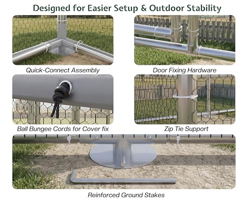 26x10 FT Extra Large Walk-in Chicken Coop with Spire Roof Cover | Front and rear doors, feeding door, roosting ladder and galvanized frame support easier poultry care and access - size: 298.4"L x 118.1"W x 77.6"H