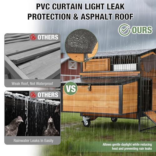 GUTINNEEN Large Chicken Coop with Run, Mobile Chicken Tractor for 6-8 Chickens, Upgraded Metal Frame Hen House with Wheels, 6 Nesting Boxes, Metal Pull-Out Tray, Asphalt Roof - size: 76.65"L x 53.81"W x 36.81"H