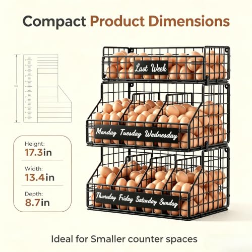 Egg Holder Countertop, 3 Tier Chicken Egg Basket for Gathering Fresh Eggs | Egg Storage Organizer with Adjustable 5 Dividers & Label, Stackable Wall Mounted Egg Collecting Basket Rack, Black - color: 3T Small Black