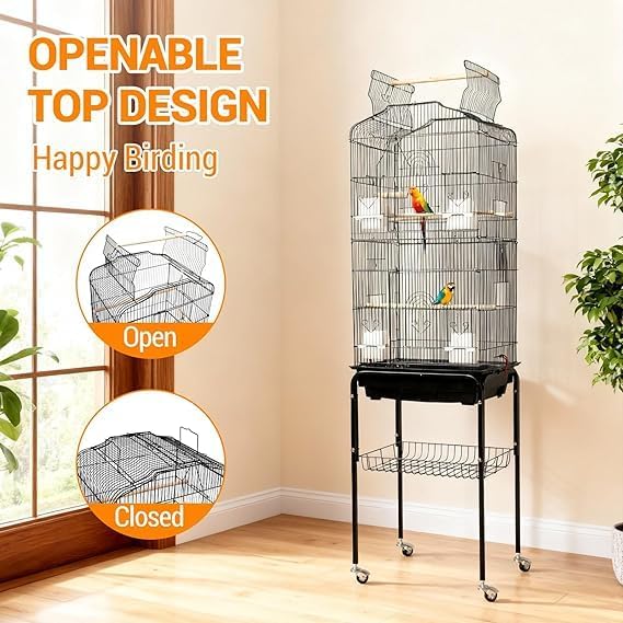 64 in Bird Cage, Parrot Cage, Parakeet Cage - Large Hanging Birdcage with Solid Iron Wrought Construction, Rolling Storage & Bird Stand, Flight Nest for Cockatiel, Budgie, Canary & Small Parrots - size: 18.0"L x 64.0"W x 14.0"H