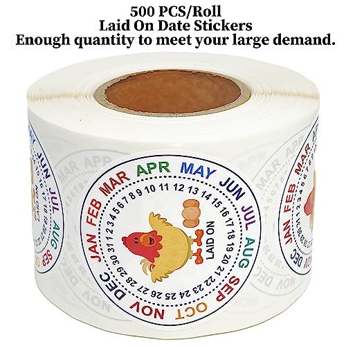 Eggs Laid On Date Stickers | Farm Fresh Eggs Carton Labels | 500 PCS/Roll | 2" Round Egg Date Packaging Stickers | Egg Stamps for Fresh Eggs | Egg Stamps for Fresh Eggs
