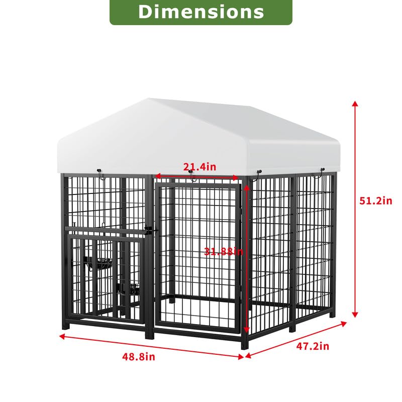 ROOMTEC Large Dog Kennel Outdoor Pet Pens Dogs Run Enclosure Animal Hutch Metal Coop Fence with Roof Cover (4'L x 4'W x 4.25'H) - size: 48.0"L x 47.0"W x 51.0"H