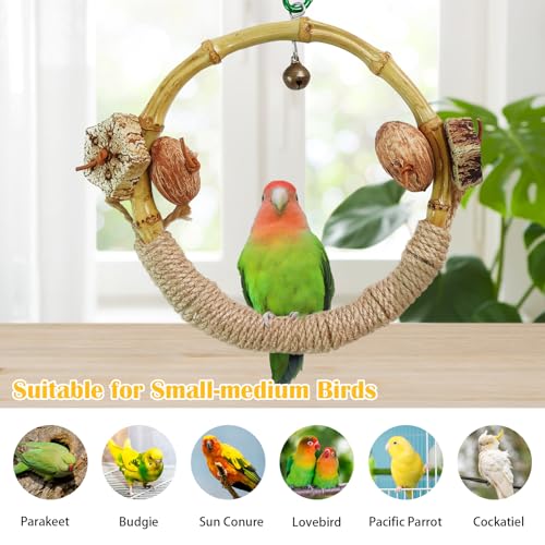 Circle Bird Swing with Bell,Bamboo Parakeet Rope Perches for Cage Ring Bird Swings Chewings Nuts Toys for Parrots Cockatiels Lovebirds Budgie