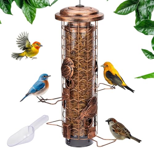 Squirrel-Proof Bird Feeders for Outdoors Feeds Mealworms and Seeds - Large | 3-Pound Capacity, Weather-Resistant Hanging Tube for Birds Includes Seed Scoop, 4 Hook-Shaped Perches, Anti-Squirrel Weights