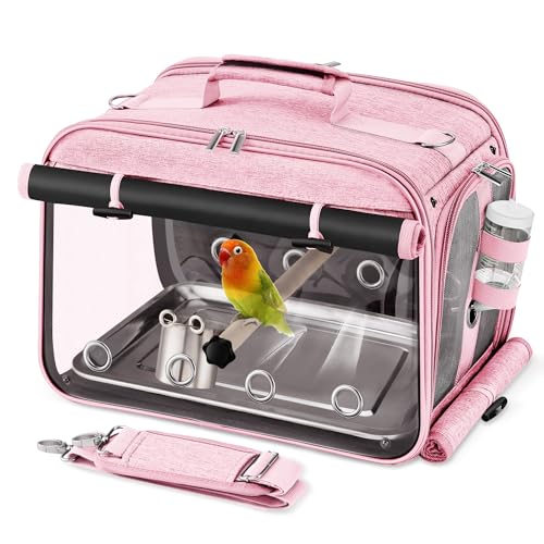 Bird Carrier Airline Approved, Bird Travel Cage with Indestructible Stainless Steel Mesh, Bird Travel Bag Lightweight and Portable with Water Bottle and Bowl - color: Pink