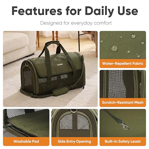 FUKUMARU Cat Carrier Soft, Ultra Lightweight Airline Approved Dog Carrier | Kitten Carrier with Anti-Scratch Mesh, Breathable Small Dog Carrier Bag, Collapsible Pet Carrier for Cats Under 15 lb, Green - color: Green