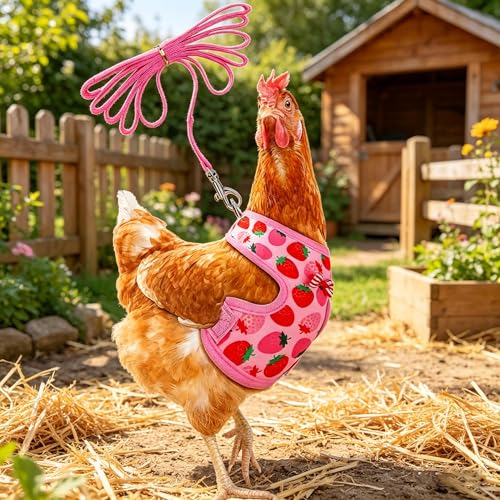 Chicken Harness and Leash Set Adjustable Mesh Breathable Pets Leashs Duck Training Harness for Goose Hen Rooster Parrots Dog Kitten,Pink Peach M - color: Pink, size: M( Chest 13-16.2")