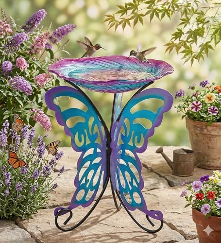 Regal Art & Gift Glass Bird Bath with Metal Stand, Outdoor Garden Decor | Butterfly, 18 in Bowl, 25 in Tall, Metal & Glass, Easy to Fill, Weather-Resistant Decor for Patio, Porch & Garden - color: Butterfly