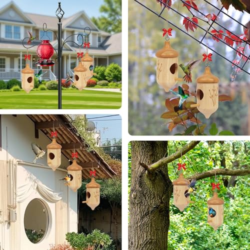 Hummingbird House, Small Hummingbird Houses for Outside | Wooden Bird House with Bow, String, Cute Gardening Gifts Home Decoration, Attractive Hummingbird Garden Decor - color: Style-3, size: 3 Pack