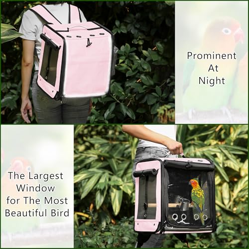 Bird Carrier with Seat Belt for Car Travel, Bird Backpack Carrier with Indestructible Stainless Steel Mesh, Large Bird Carrier Travel Cage, Pink - color: Pink, size: 13.5"L x 10.0"W x 15.5"H