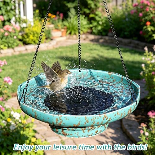 Ceramic Hanging Solar Bird Bath,Fountain Bird Bath Hanging for Outside | 11.6" Solar Hanging Bird Bath,Weather-Resistant Vintage BirdBaths Decorfor Garden Patio Yard Deck Lawn (blue) - color: Light Blue