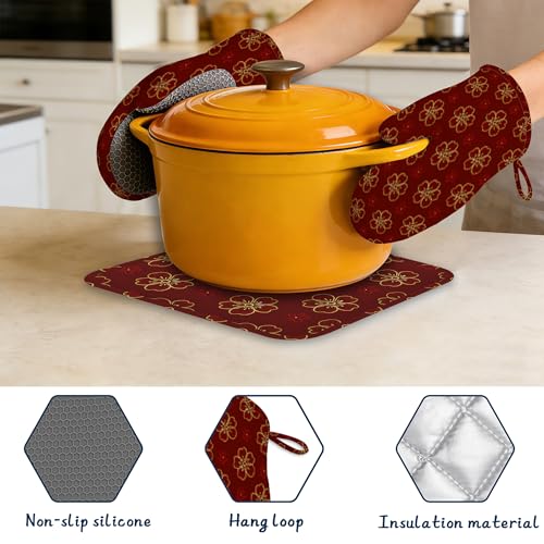 Gold Cherry Blossoms Oven Mitts and Pot Holders Sets,Extra Long Red Flowers Kitchen Mittens for Cooking,Thick Cotton Heat Resistant Silicone Cooking Utensils Set for Baking Cooking Grilling - color: Gold Cherry Blossoms