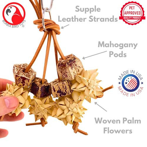 Bonka Bird Toys 1056 Palm & Pod Forage Cluster 5" x 3" Natural Mahogany Pods Palm Flowers Leather Strands for Parrotlets Budgies Lovebirds Small Parrots Cage Enrichment