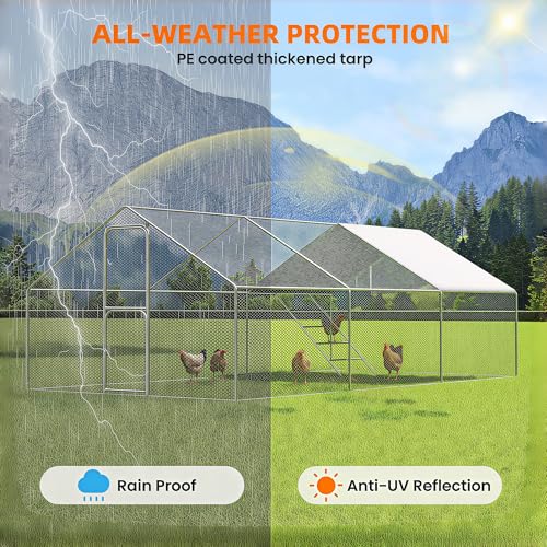 UDPATIO Large Metal Chicken Coop Walk in & Run– Heavy Duty Outdoor Poultry Run with Protective Cover for 25-35 Chickens, Ducks, or Rabbits | Predator-Proof & Weather-Resistant | Double Feed Door UV-Resistant Cover Heavy Duty Outdoor Cage for Bird Duck Rab