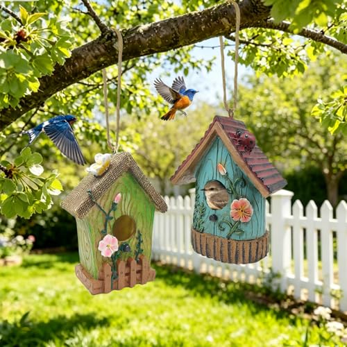 2 Pcs Hanging Bird Houses for Outside Bluebird Houses for Outside Swallows Wren Birdhouse Finch Nesting Box Patio Garden Deco