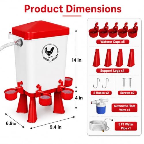 3 Gallon Chicken Waterer with 10 Chicken Water Cups, No Spill Poultry Waterer Bucket with Stand Legs, Hooks and Screws, Chicken Water Feeder for Coop, Ducks, Hens, Farm (Red, Auto-1pcs) - color: Red, size: Auto-1pcs