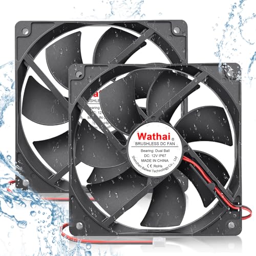 Wathai IP67 120mm DC 12V Exhaust Waterproof Fan Dual Ball 2pcs | High Preformance for Electronic Equipment Cabinet or DIY Cooling Ventilation Exhaust Projects IP67 2 Pack - size: 120x25mm