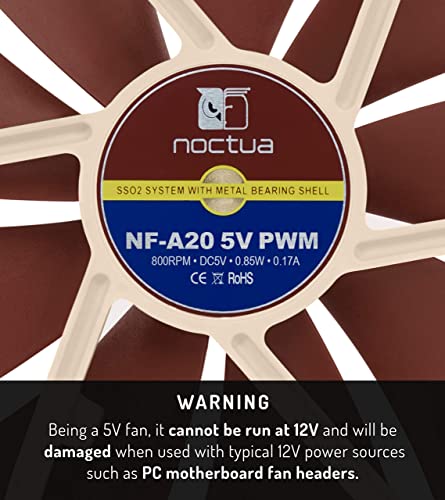Noctua NF-A20 5V PWM, High-Performance Quiet Fan 200mm | High Airflow Low Noise, 5V, 30mm Thick Fan, for Ventilation and Electronics Cooling, USB-A Power Adaptor, 800rpm 4-Pin PWM