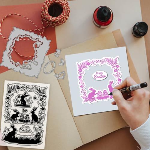 GLOBLELAND Easter Silhouettes Clear Stamps and Metal Die Cuts Bunnies Plants Transparent Stamp Spring Plant Border Cutting Dies for Card Making Embossing Scrapbooking - style: Easter Silhouette