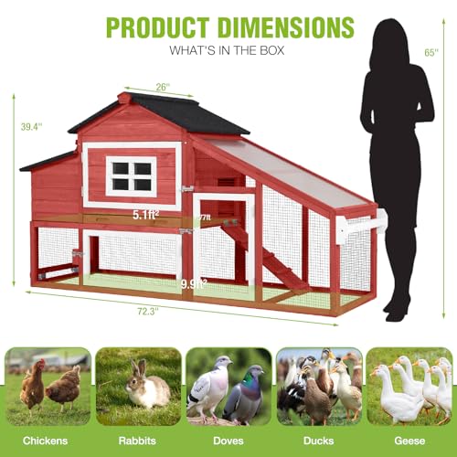 GUTINNEEN Large Chicken Coop with Wheels, Expandable Mobile Chicken House for Outdoor Use, Hen House Poultry Cage with Nesting Box, Leakproof Pull-Out Tray & UV-Resistant Roof – Red - color: (Red)