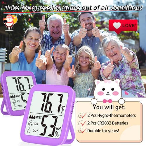 2 Pack Room Thermometer Indoor Hygrometer | Monitor Temperature & Humidity, Accurate, Fast Read, Easy To View, Magnetic/Kickstand/Hanging, ℉/℃, w/ Battery, Compact - color: 2 Pcs* Lavender Purple