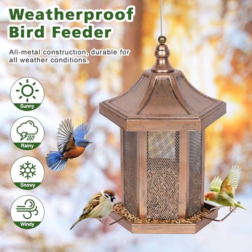 Metal Bird Feeder for Outdoors Hanging, Hexagon Bird Feeders for Garden Yard, 3LB Wild Birdfeeder Squirrel Proof for Outside