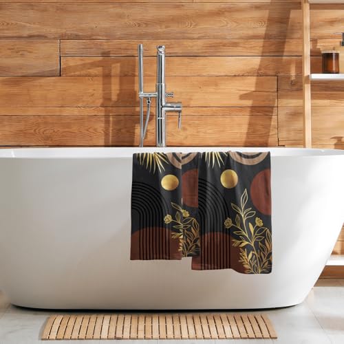 Black Boho Modern Kitchen Towels Set of 2 Abstract Mid Century Soft Absorbent Face Towels Retro Gold Leaves Tea Dish Towels Housewarming Gifts for New Home Bathroom Hotel 14"x28" - color: Black Boho