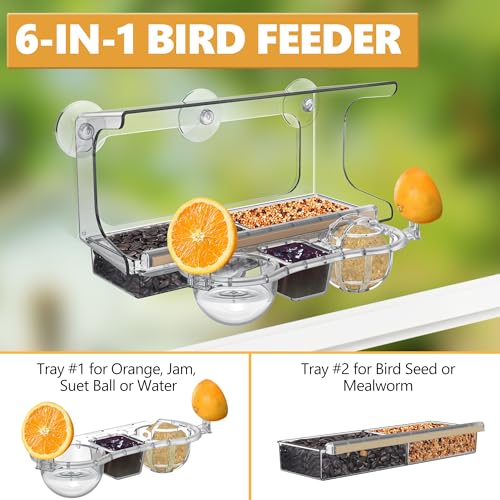 LUJII 6-in-1 Window Bird Feeder with Strongest Suction Cups, All-in-one Feeder for Bird Seed, Suet Ball, Mealworm, Oriole Orange Fruit, Jam or Water, 2 Removable Trays for Easy Cleaning, Clear - color: Clear, size: L