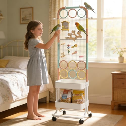 Large Bird Playground, Parrot Perch Stand with Toys DIY Zone, Toilet, Storage Space, Bird Stands for Inside Play Gym Stand for Parakeet Conure Cockatiel Lovebird Budgie African Greys
